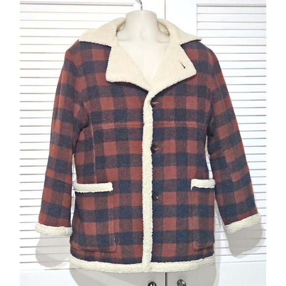 Stampd Men'sBrown Wool Court Plaid Coat Shearling Lined Coat Size Medium 300